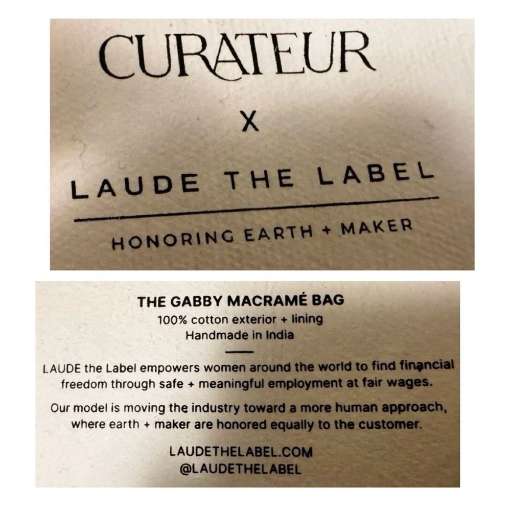 Laude The Label The Gabby Macrame Hand Bag Purse Black And Cream Wooden Handles — image 4 of 5